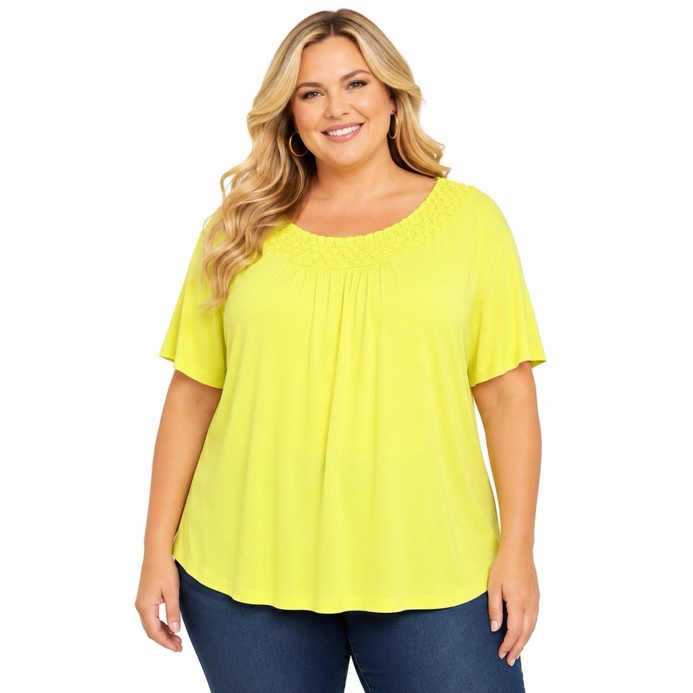 Catherine's Women's Top 3X Yellow Short Sleeve Textured Neckline Stretch Shirt